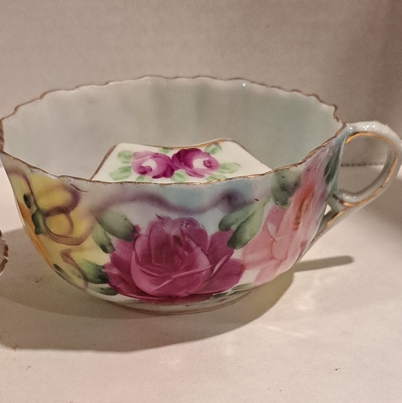 Vintage Mustache Cup & Saucer Shabby Pink Red and Yellow Roses Gold Accent. - Picture 4 of 8